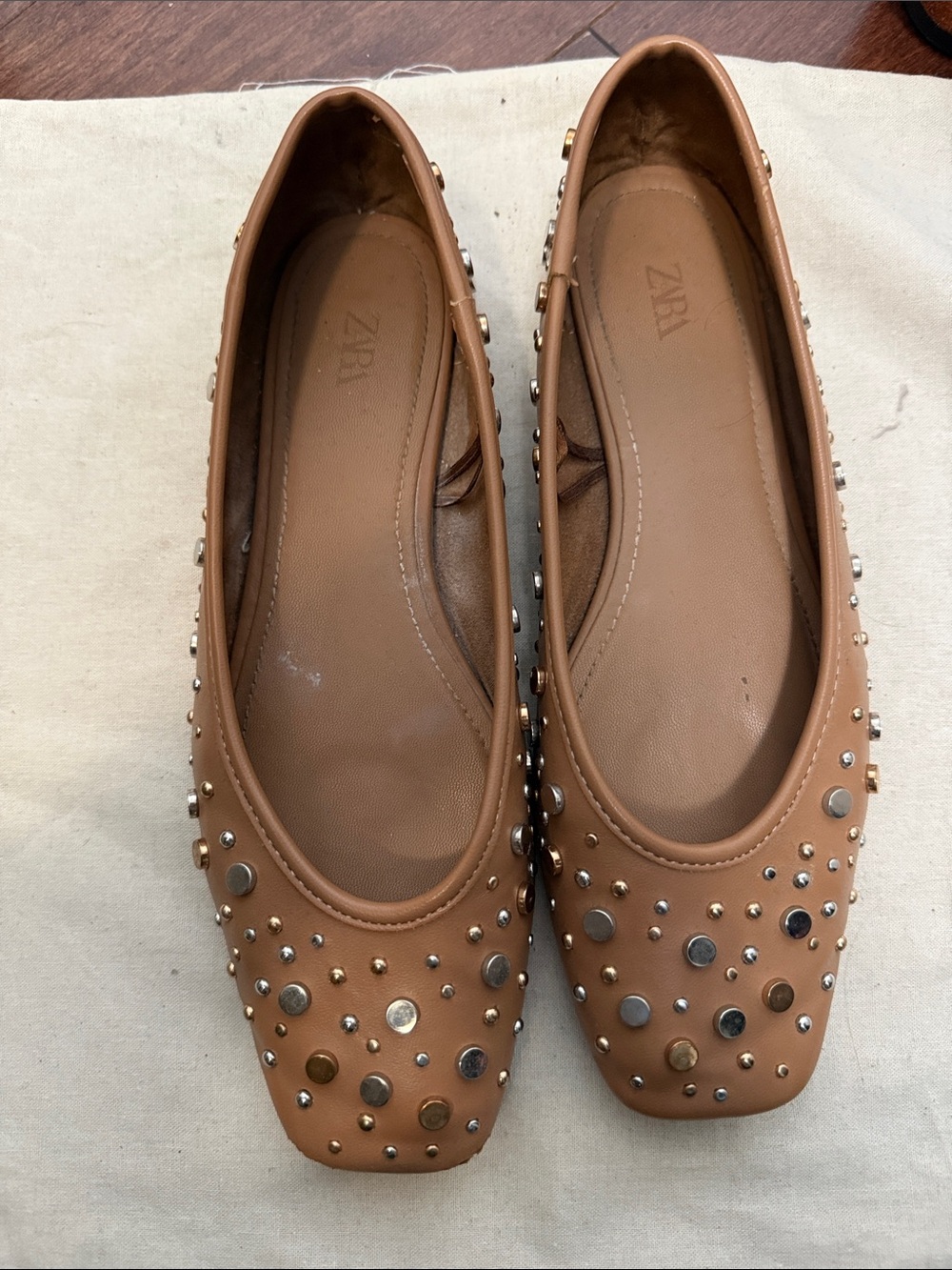 Zara Tan Studded Leather Ballet Flats